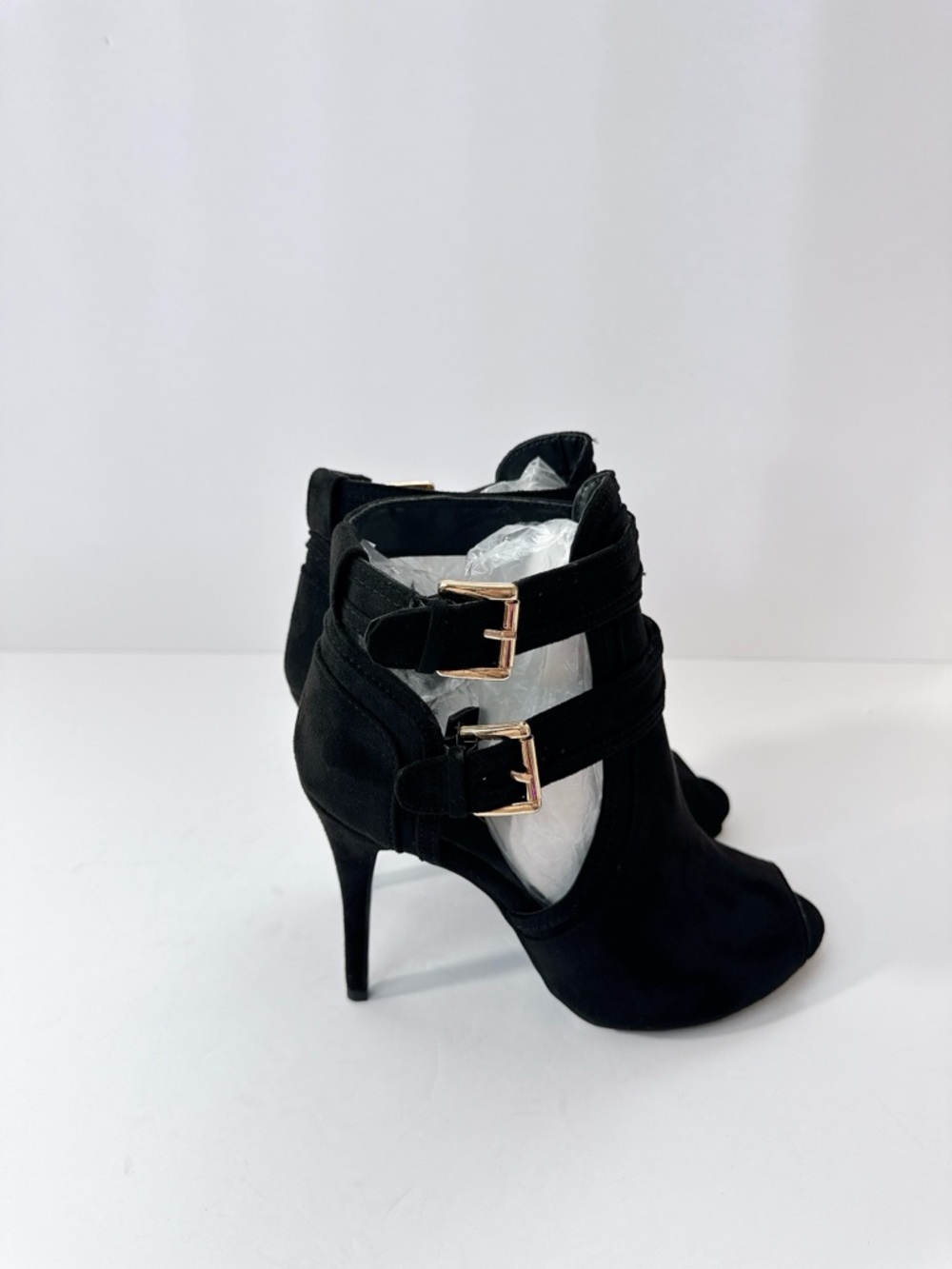 Size 9 Women’s Black Peep Toe Heeled Booties Cutout Double Buckle